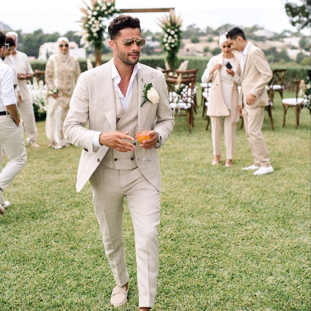 Men Grooming Outfit - Summer Linen Men Suits 3 Piece