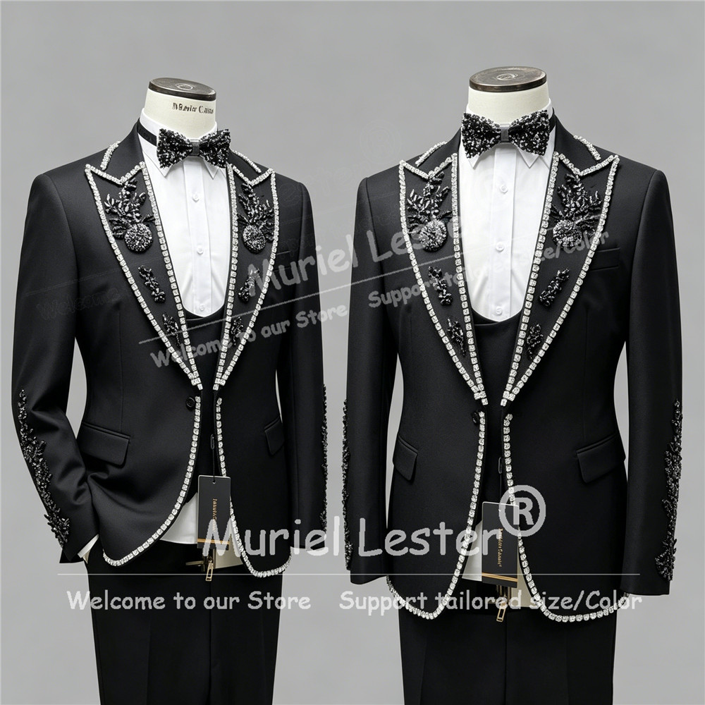 Men Grooming Outfit - Luxury Rhinestone Beads Suits Men 2