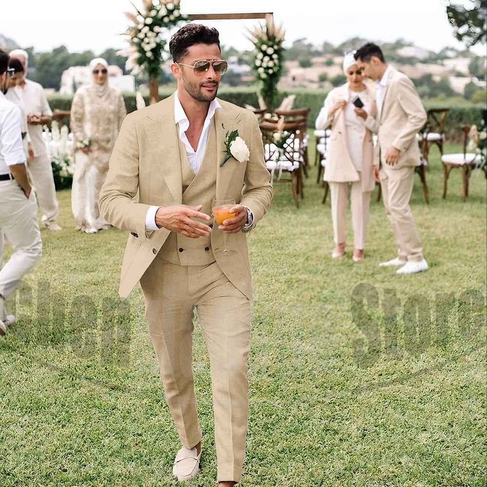 Summer Linen Men Suits 3 Piece - Men Grooming Outfit のレビューと価格