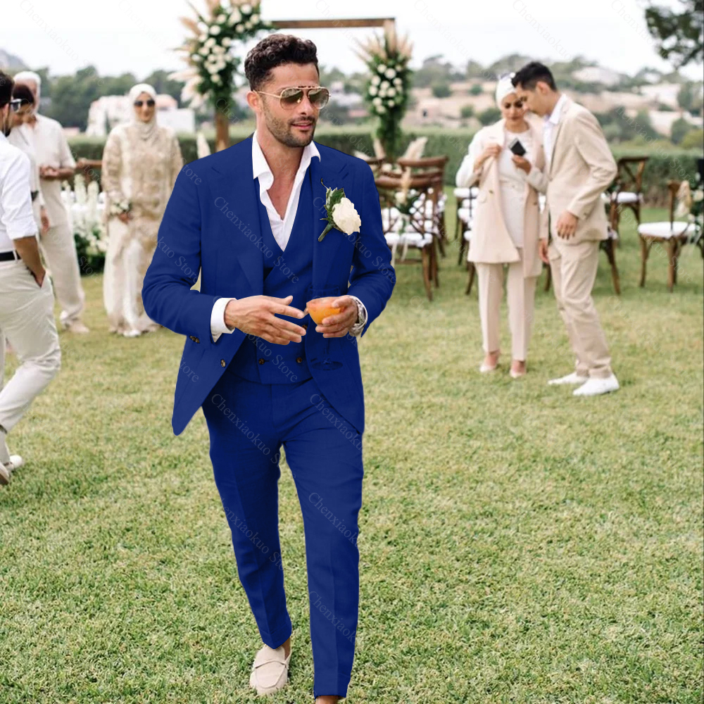 Summer Linen Men Suits 3 Piece - Men Grooming Outfit のレビューと価格