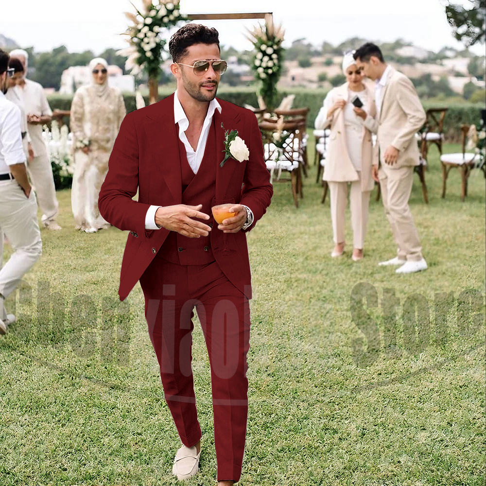 Summer Linen Men Suits 3 Piece - Men Grooming Outfit のレビューと価格